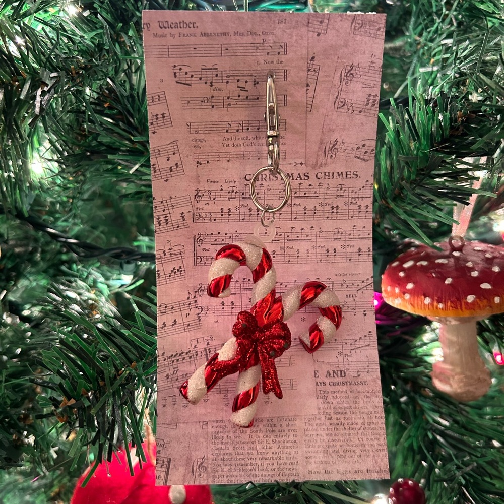 Red & White Glittery Candy Cane Christmas Keychain